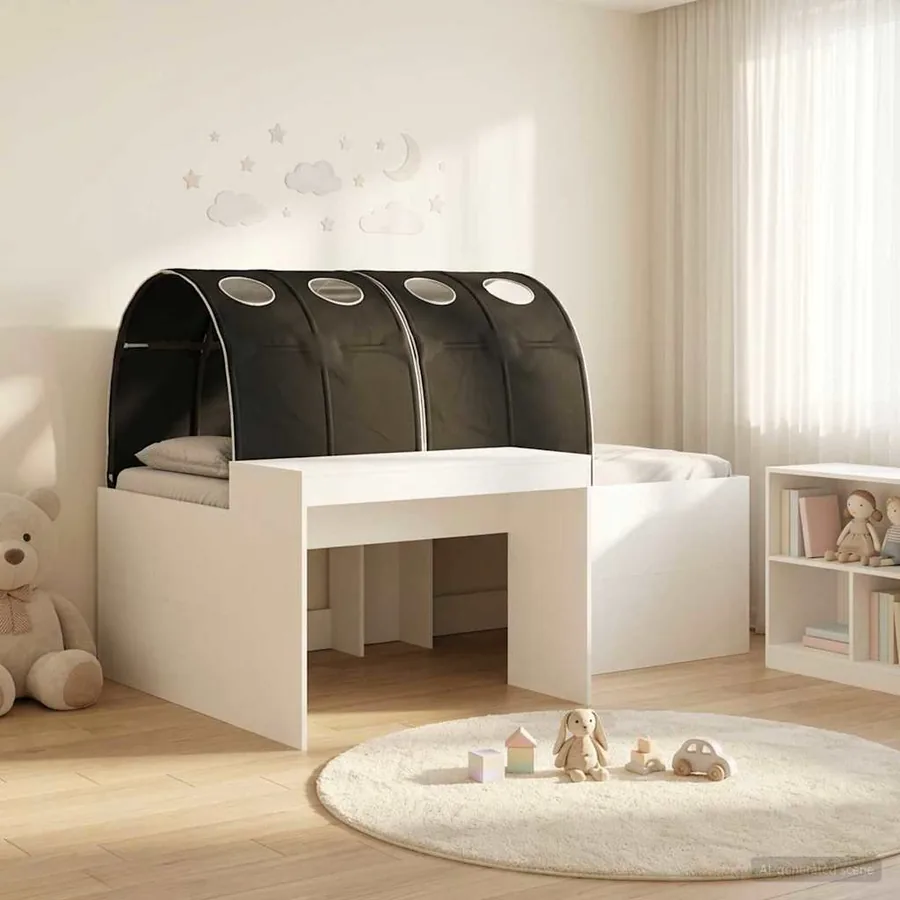 Lit avec Tunnel 3 pc Blanc et noir Bois d'ingénierie