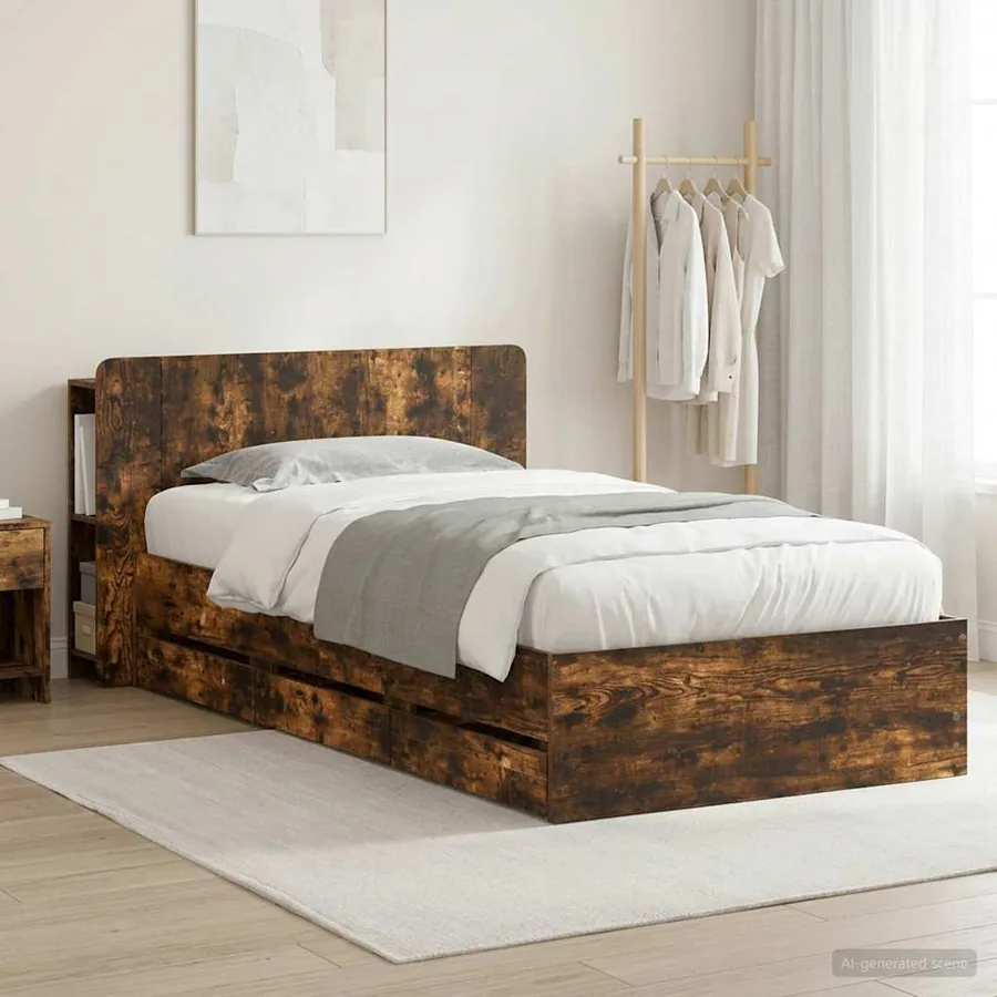 Cadre de lit avec rangement Chêne fumé 90 x 190 cm