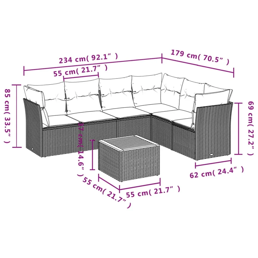Salon de jardin 7 pcs avec coussins noir résine tressée 62 x 62 x 69 cm - 58,8 kg - 10