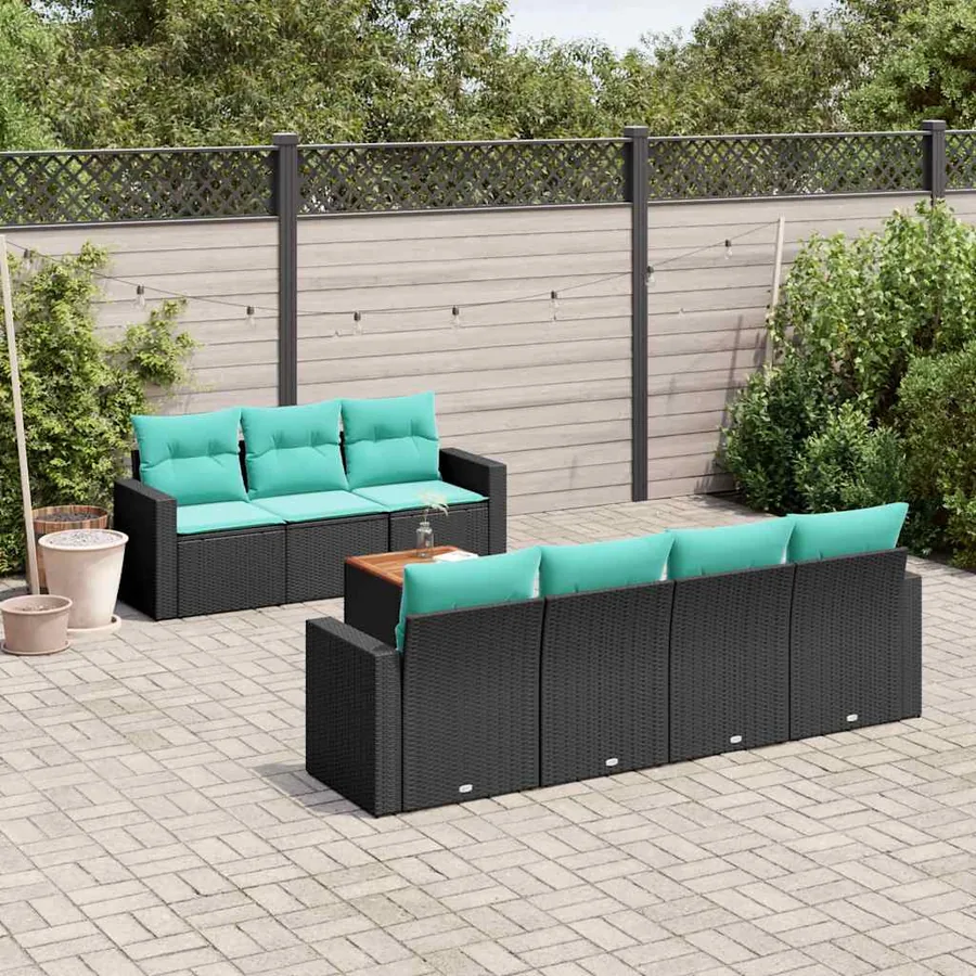 Salon de jardin 8 pcs avec coussins noir résine tressée