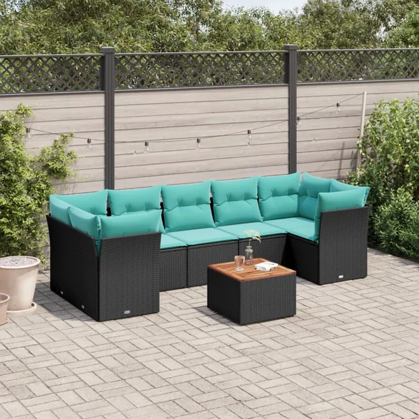 Salon de jardin 8 pcs avec coussins noir résine tressée