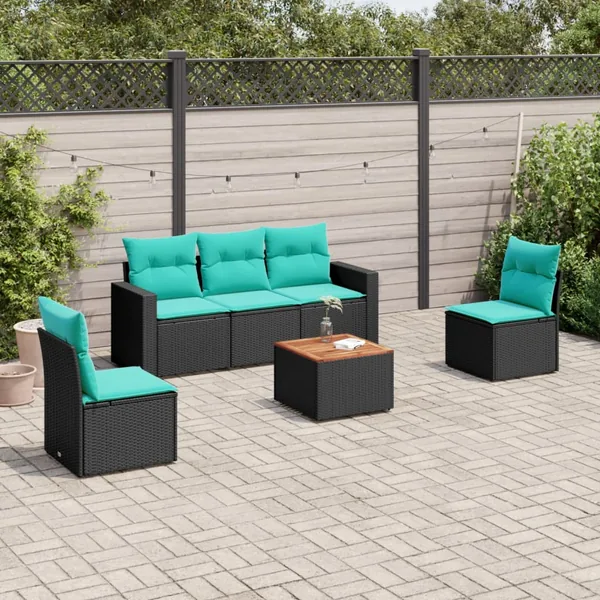 Salon de jardin 6 pcs avec coussins noir résine tressée
