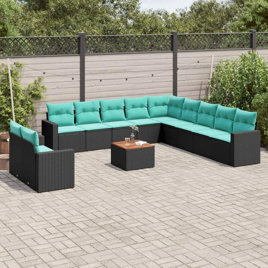 Salon de jardin avec coussins 12 pcs noir résine tressée