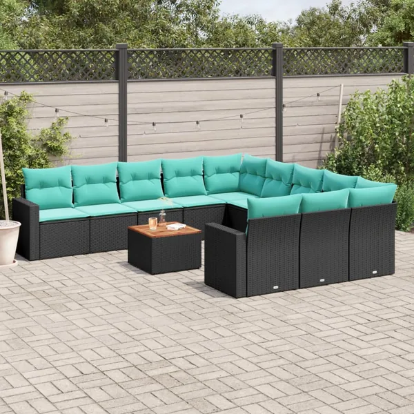 Salon de jardin avec coussins 12 pcs noir résine tressée