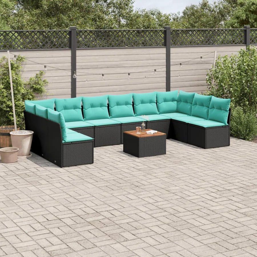 Salon de jardin 11 pcs avec coussins noir résine tressée