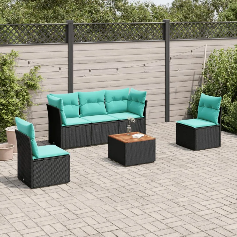 Salon de jardin 6 pcs avec coussins noir résine tressée