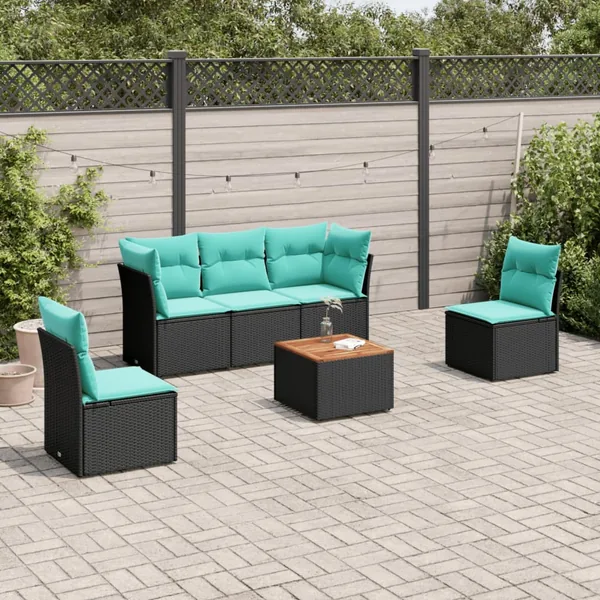 Salon de jardin 6 pcs avec coussins noir résine tressée