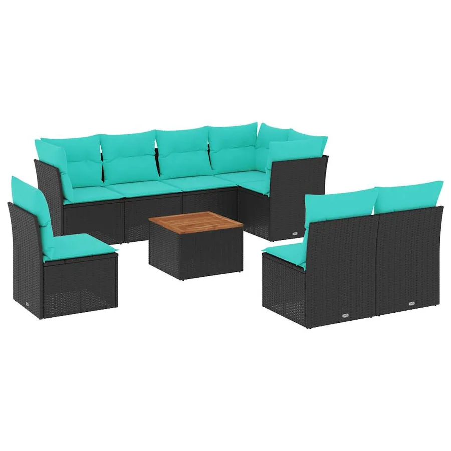 Salon de jardin 9 pcs avec coussins noir résine tressée - 2