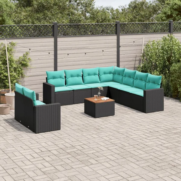 Salon de jardin 10 pcs avec coussins noir résine tressée