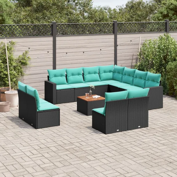 Salon de jardin avec coussins 12 pcs noir résine tressée