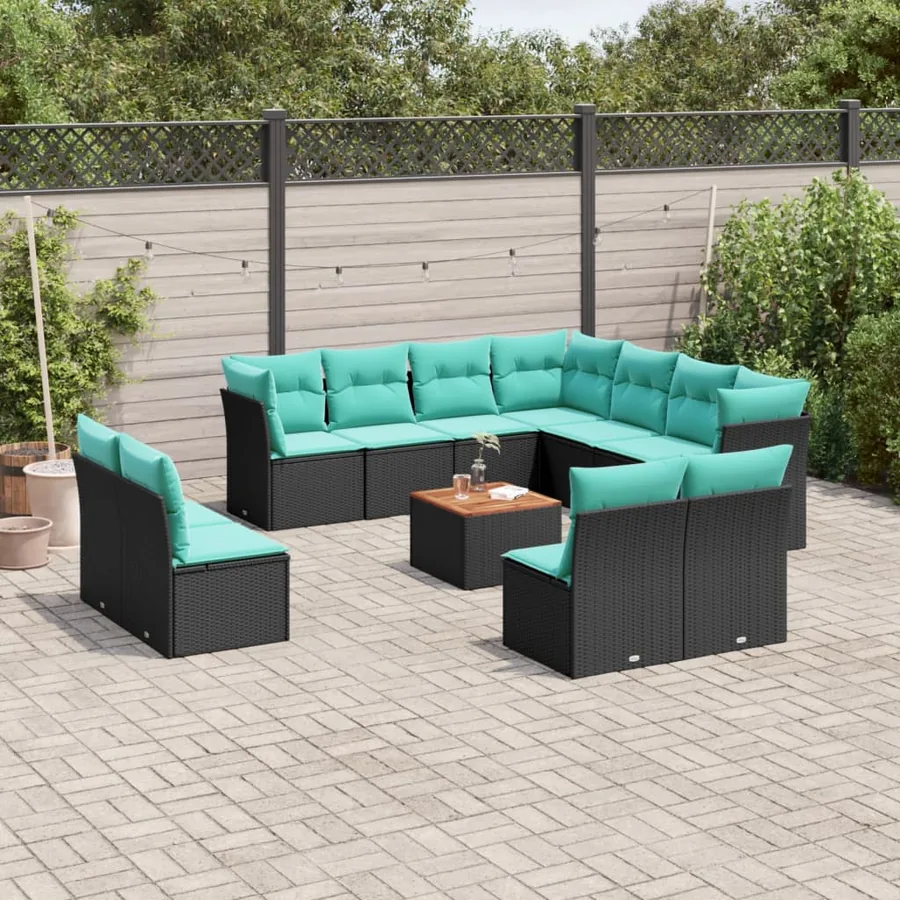 Salon de jardin avec coussins 12 pcs noir résine tressée