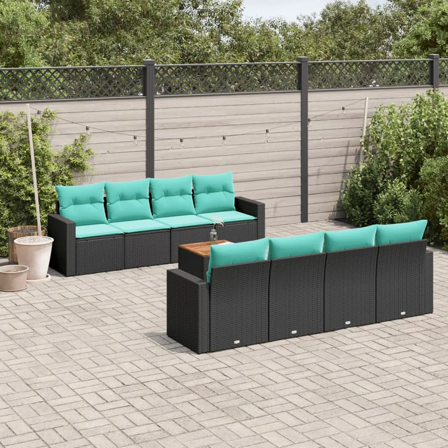 Salon de jardin 9 pcs avec coussins noir résine tressée