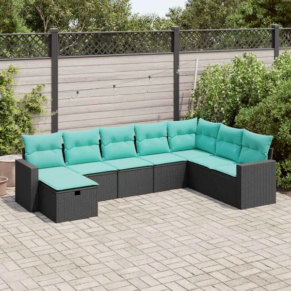 Salon de jardin 8 pcs avec coussins noir résine tressée