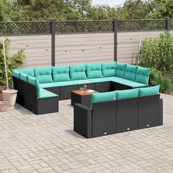 Salon de jardin avec coussins 14 pcs noir résine tressée