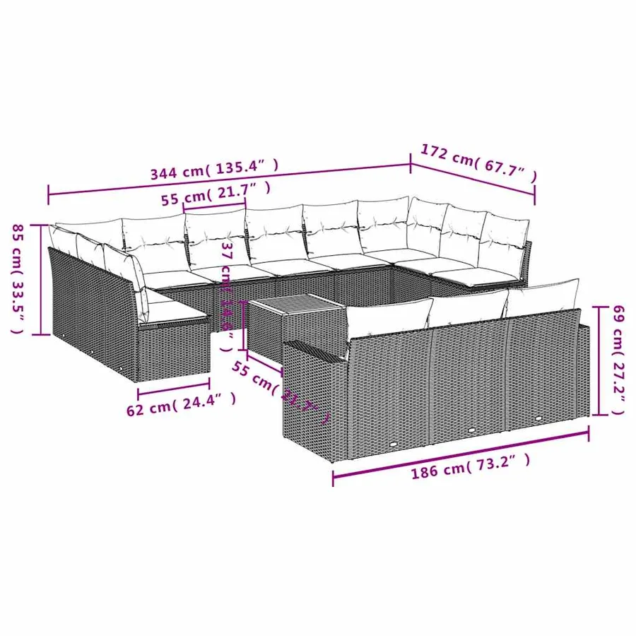 Salon de jardin avec coussins 14 pcs noir résine tressée - 12