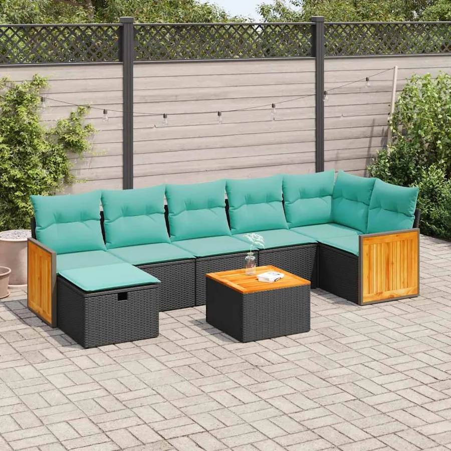 Salon de jardin 8 pcs avec coussins noir résine tressée