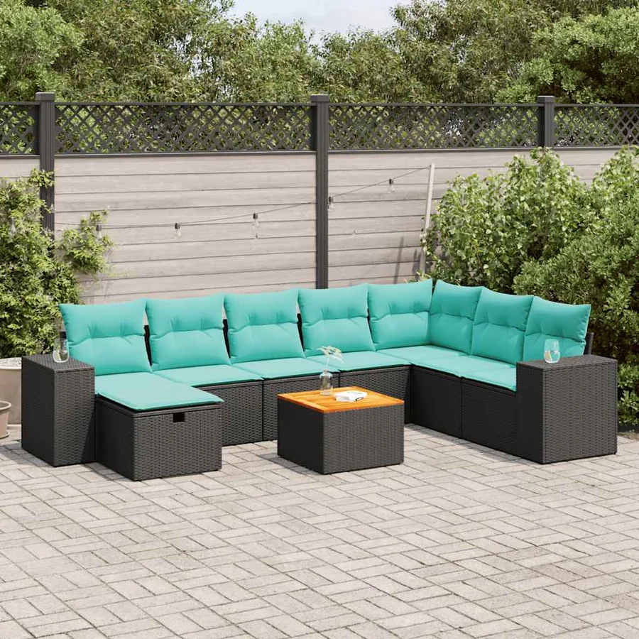 Salon de jardin 9 pcs avec coussins noir résine tressée