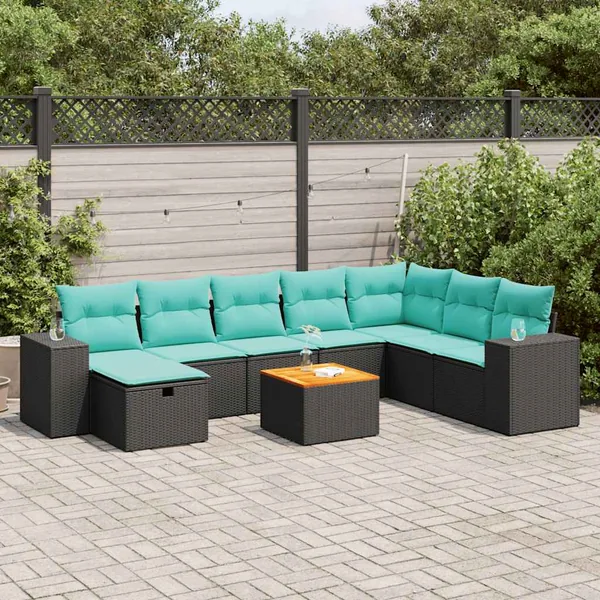 Salon de jardin 9 pcs avec coussins noir résine tressée