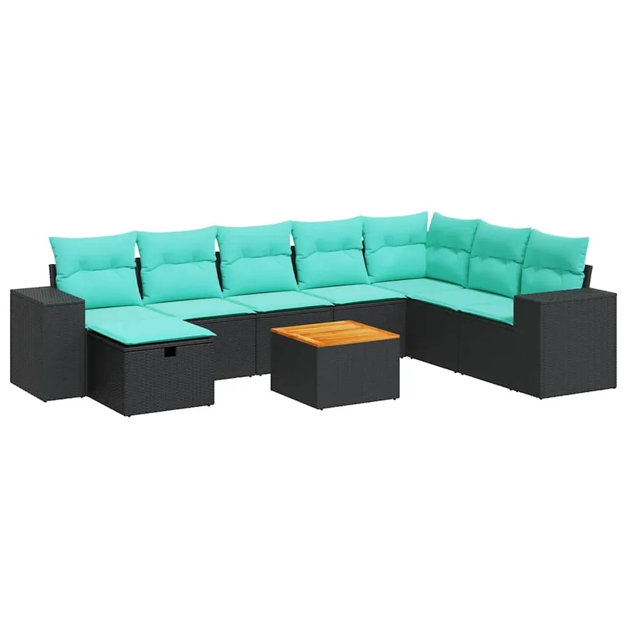 Salon de jardin 9 pcs avec coussins noir résine tressée - 2