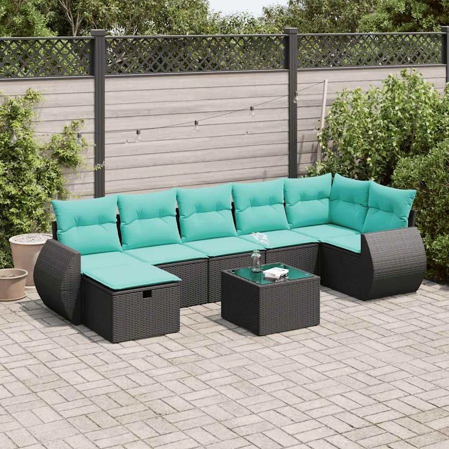 Salon de jardin 8 pcs avec coussins noir résine tressée