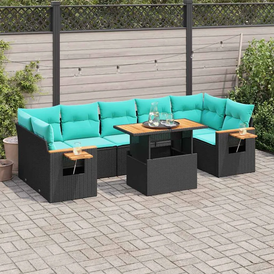 Salon de jardin 8 pcs avec coussins noir résine tressée