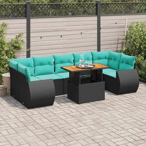Salon de jardin 8 pcs avec coussins noir résine tressée