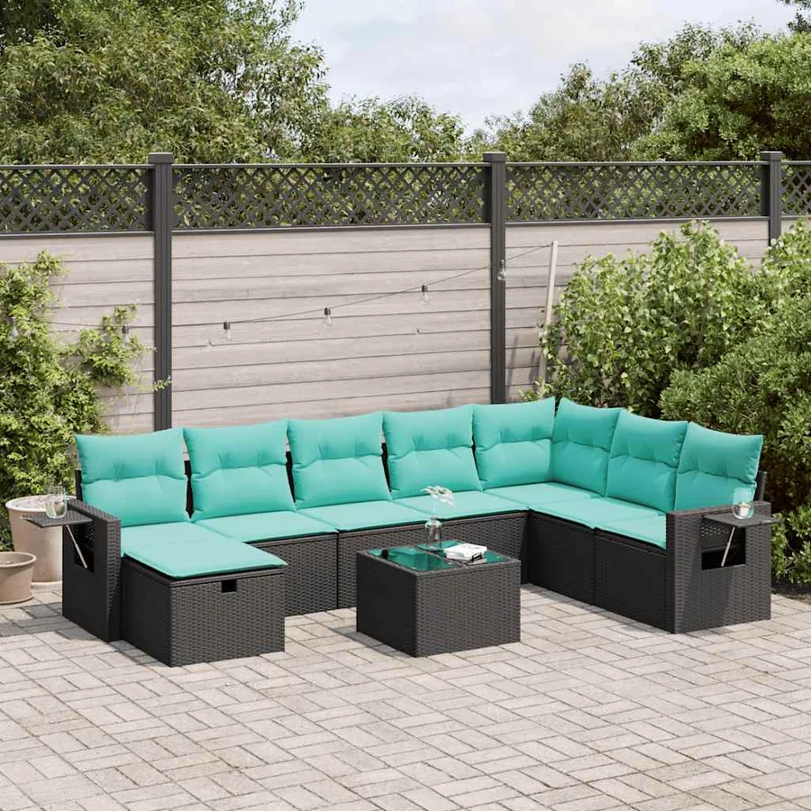 Salon de jardin 9 pcs avec coussins noir résine tressée