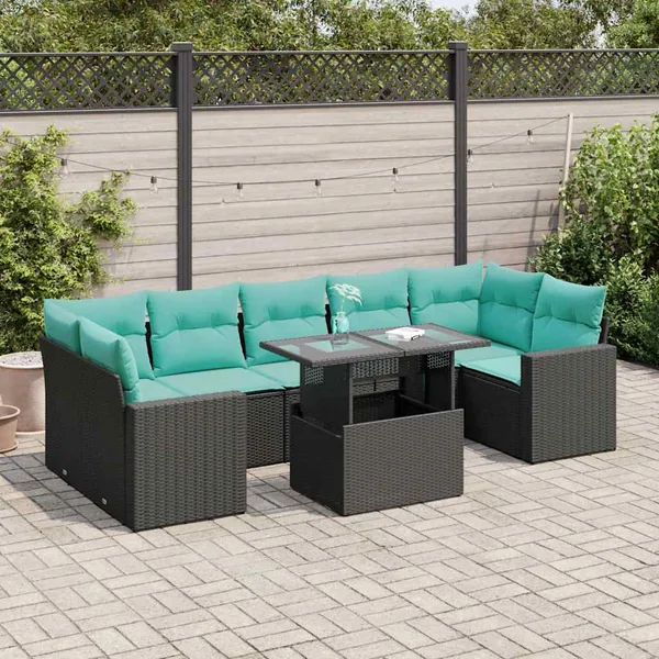 Salon de jardin avec coussins 8 pcs noir résine tressée acacia