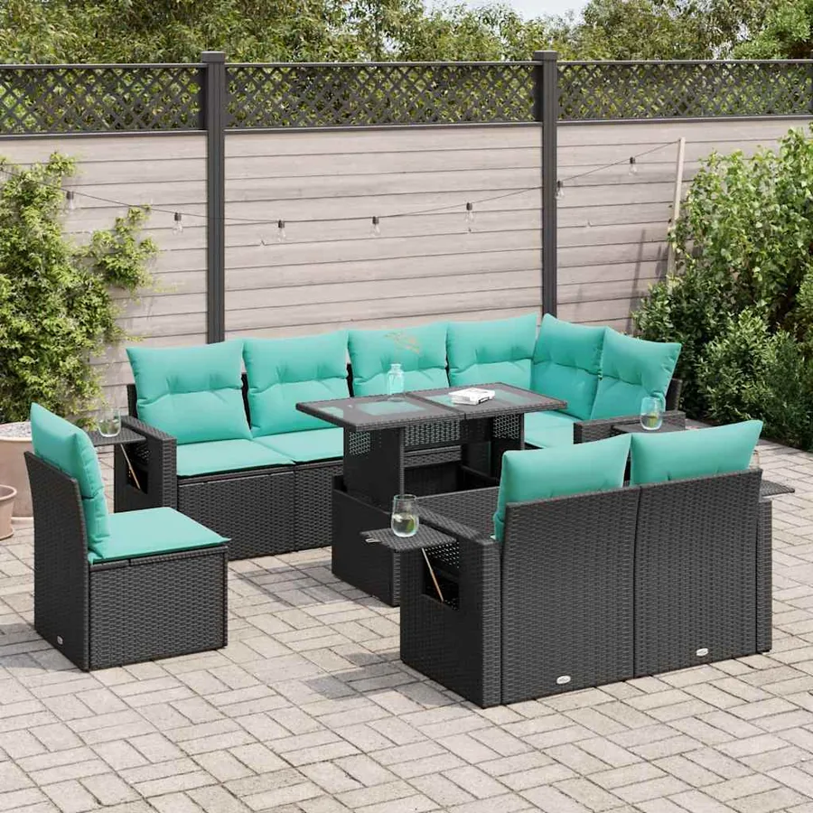 Salon de jardin avec coussins 9 pcs noir résine tressée acacia