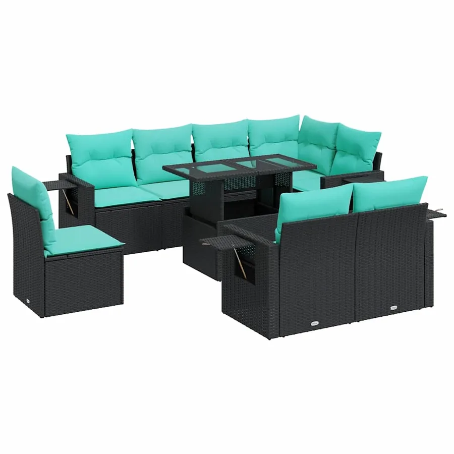 Salon de jardin avec coussins 9 pcs noir résine tressée acacia - 2