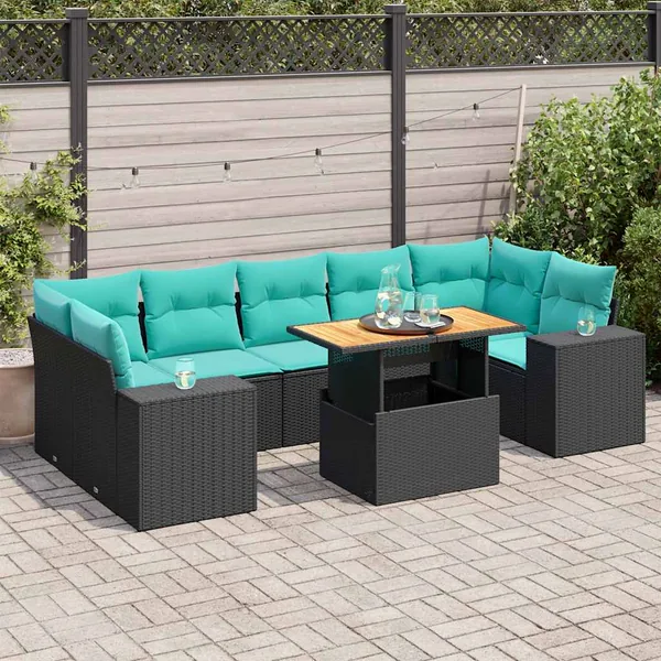 Salon de jardin 8 pcs avec coussins noir résine tressée