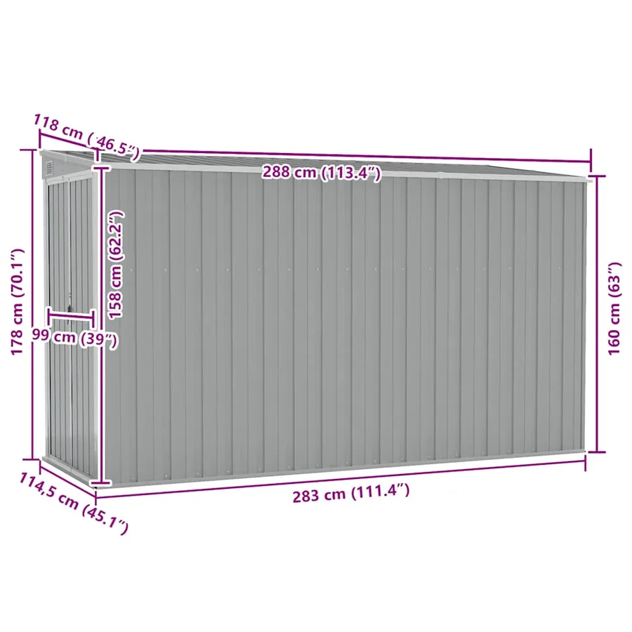 Abri de jardin mural Gris 118x288x178 cm Acier galvanisé - 7