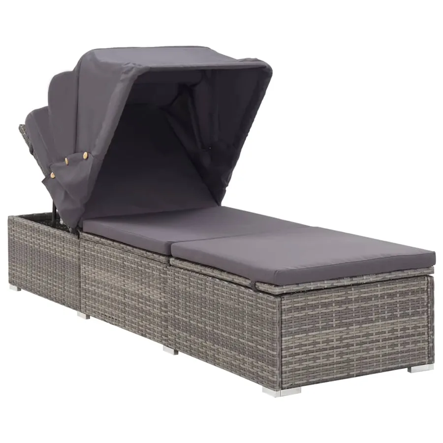 Chaise longue avec auvent et coussin Résine tressée Gris - 2