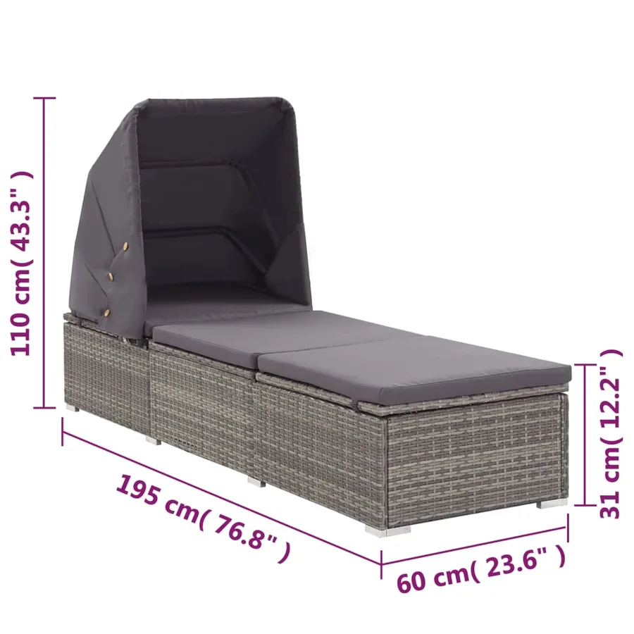 Chaise longue avec auvent et coussin Résine tressée Gris - 9