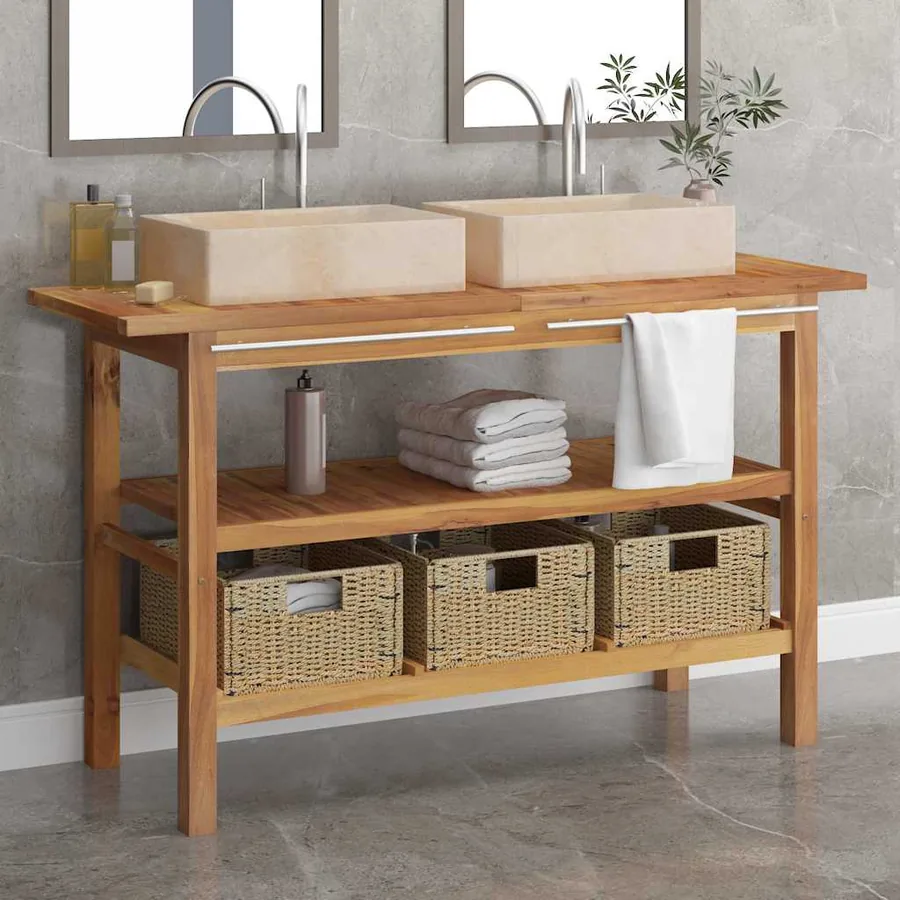 Armoire de salle de bain et lavabos en marbre crème Teck massif