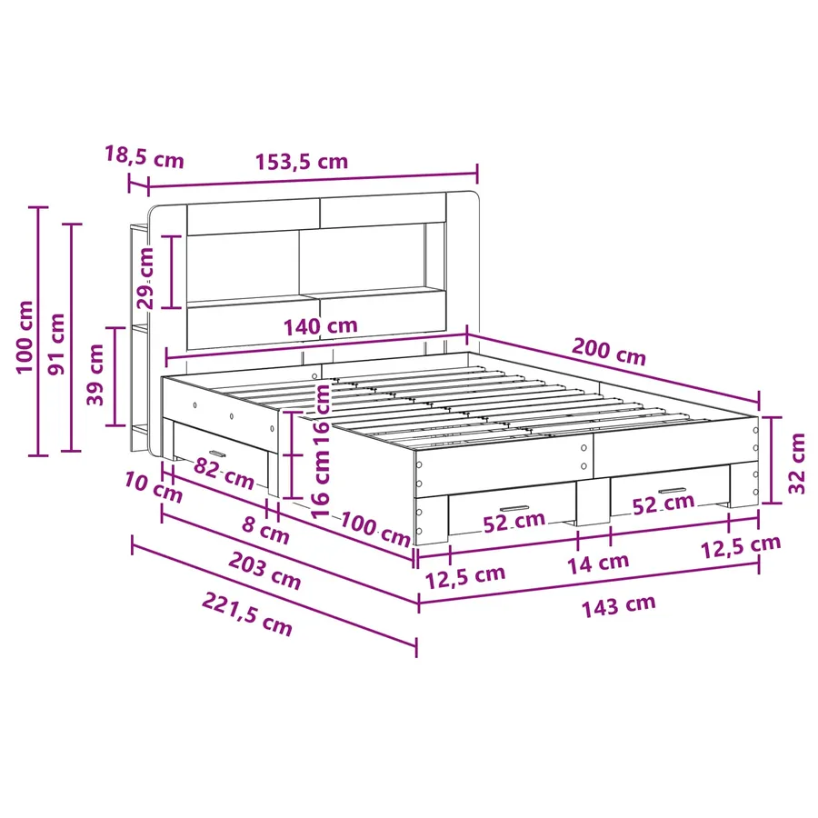 Cadre de lit avec rangement Sonoma gris 140 x 200 cm - 9