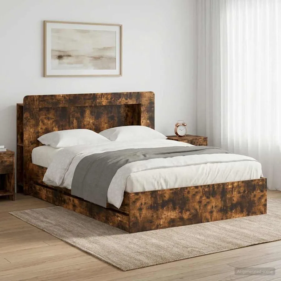 Cadre de lit avec rangement Chêne fumé 135 x 190 cm
