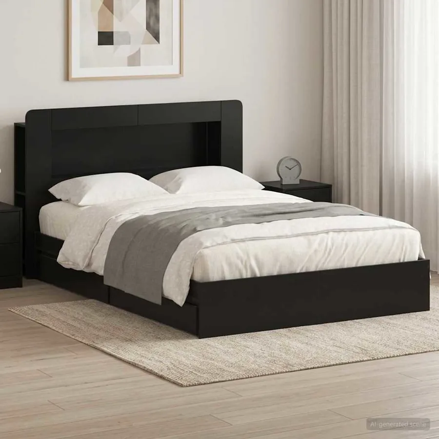 Cadre de lit avec rangement Noir 135 x 190 cm Bois d'ingénierie