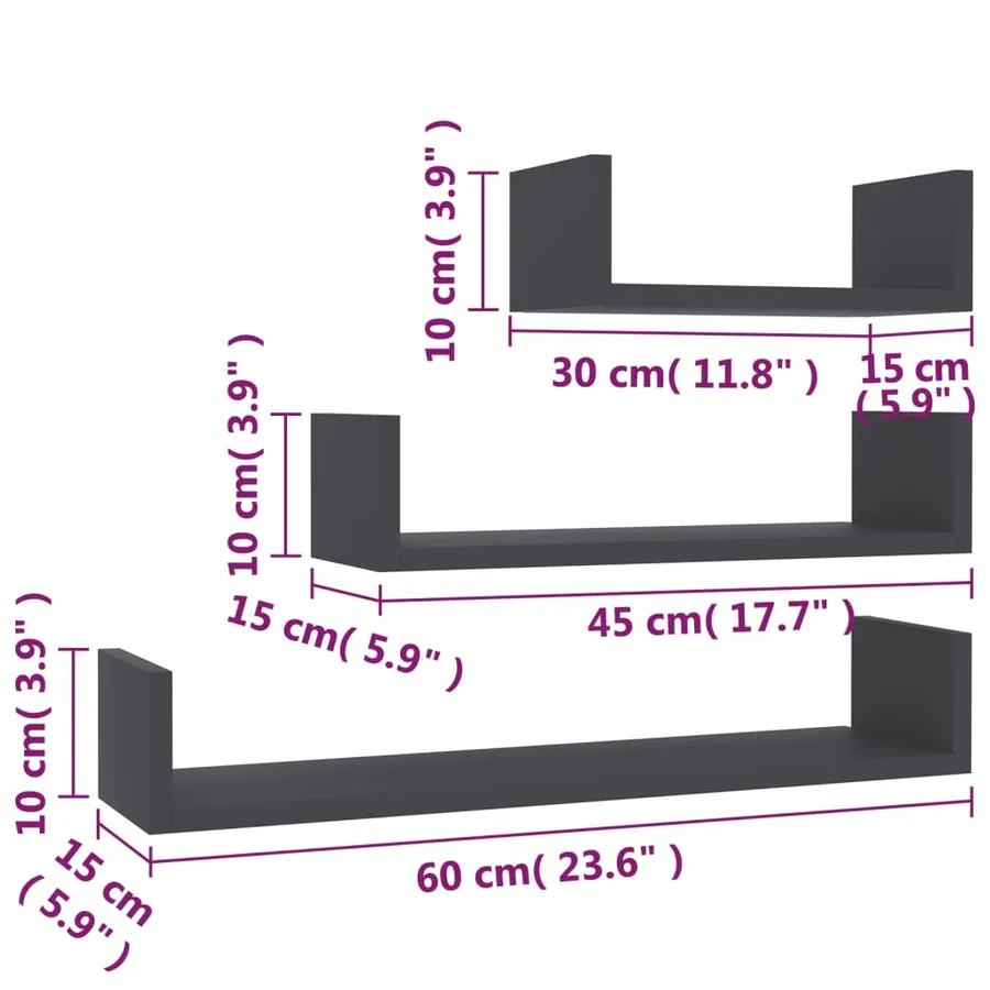 Étagères murales 3 pcs Gris Bois d'ingénierie - 6