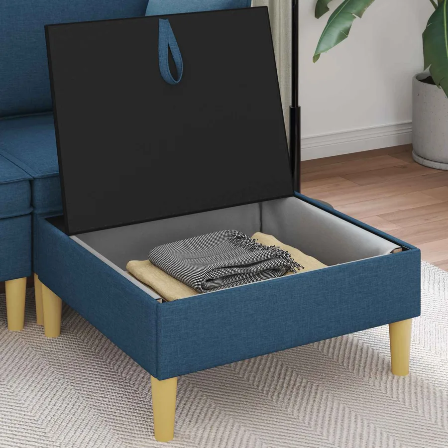 Pouf avec Rangement Bleu Tissu - 3