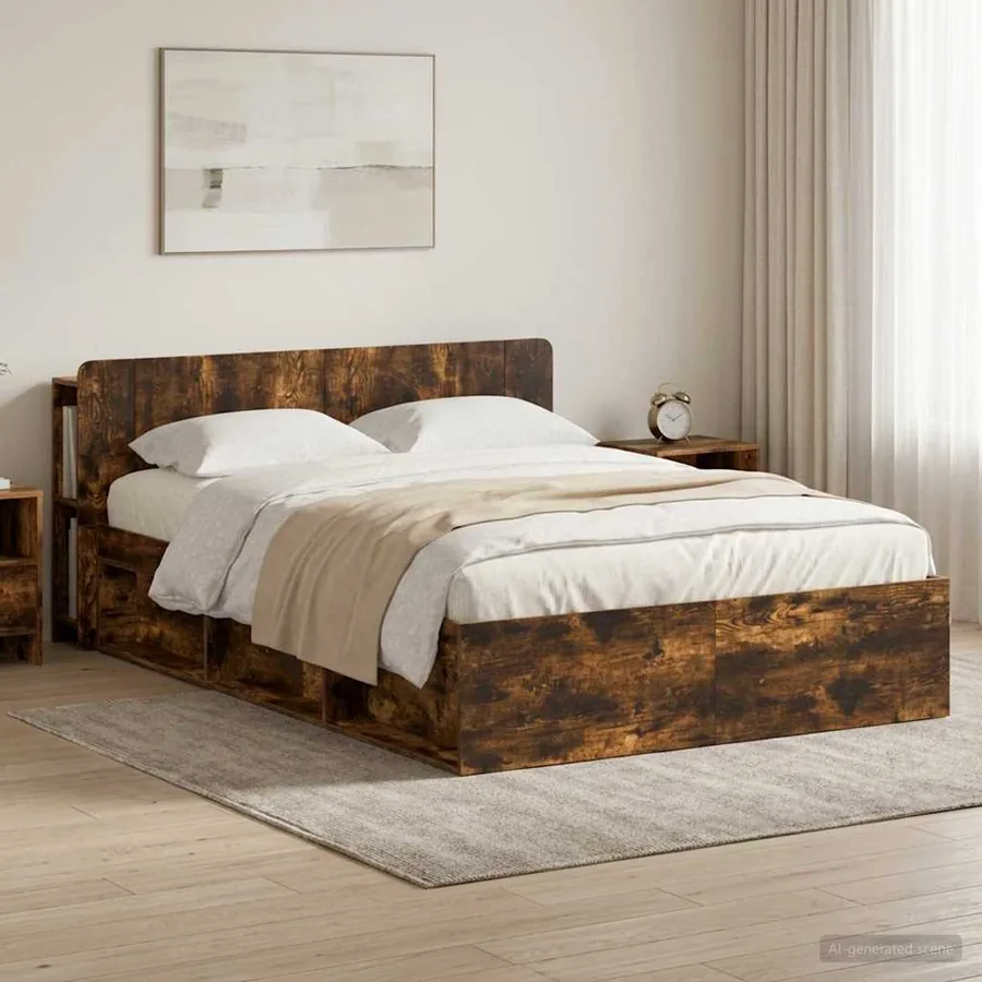 Cadre de lit avec rangement Chêne fumé 140 x 190 cm