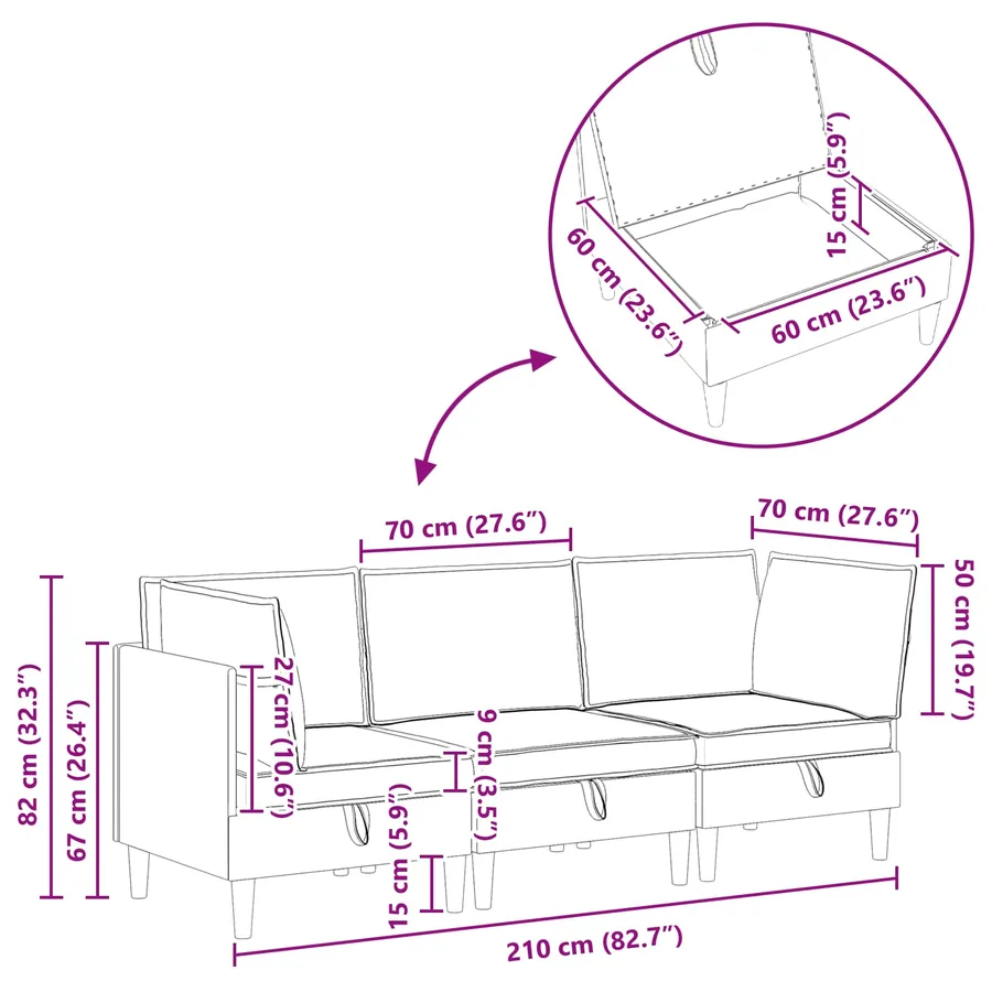 Canapé modulaire avec rangement 3 pcs Rose Tissu - 13