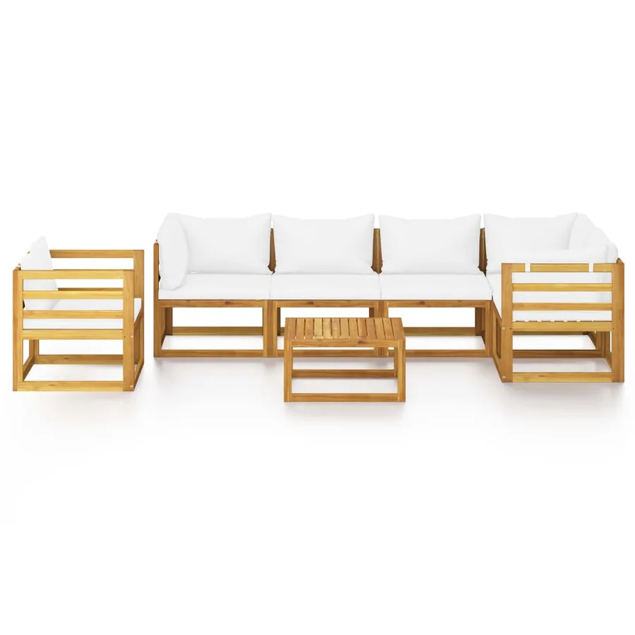 Salon de jardin 7 pcs avec coussin Crème Bois d'acacia solide - 3