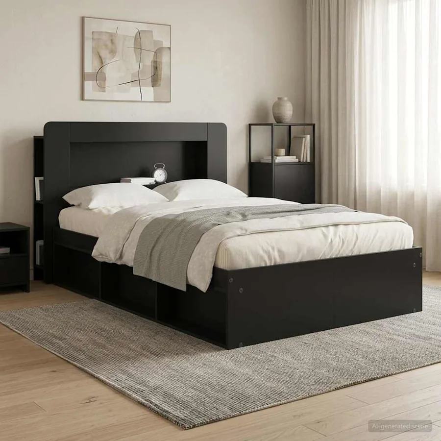 Cabinet de Tête de Lit avec stockage Noir Bois d’ingénierie