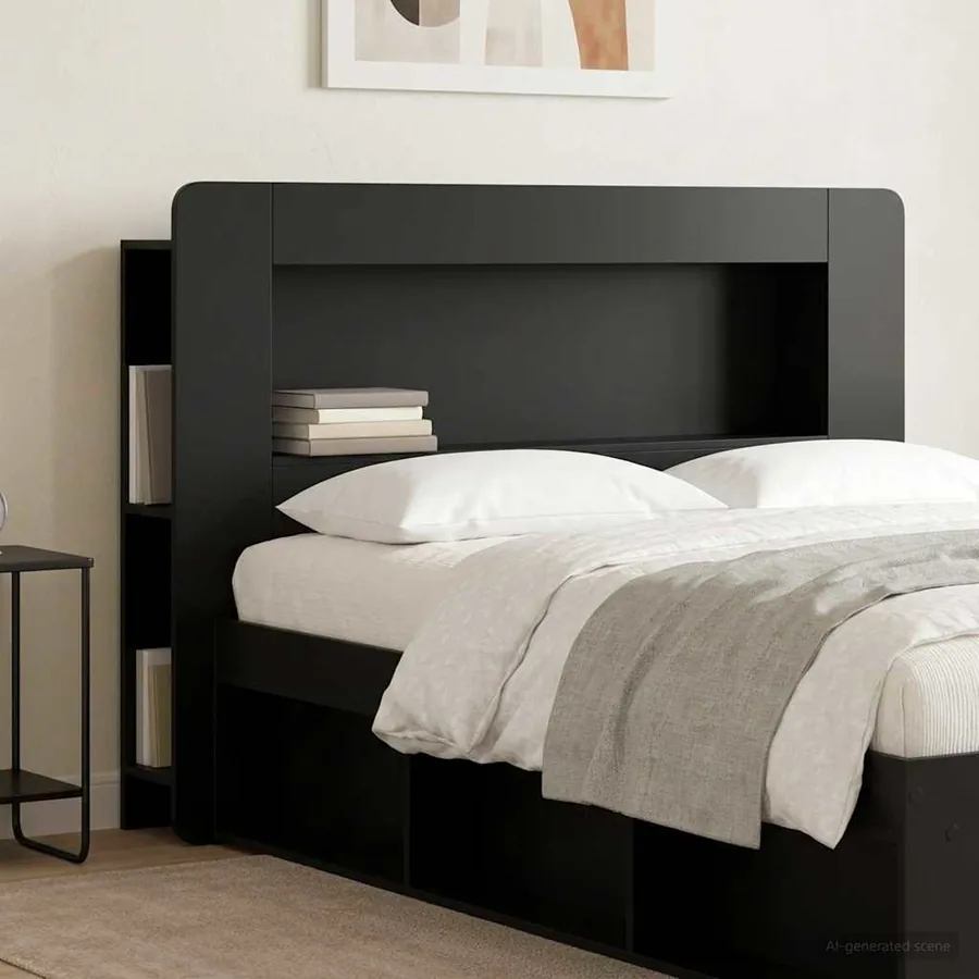 Cabinet de Tête de Lit avec stockage Noir Bois d’ingénierie - 4