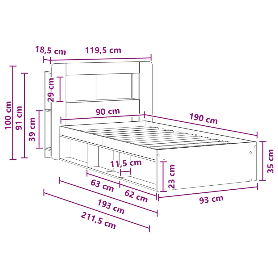 Cadre de lit avec rangement Chêne Sonoma 90 x 190 cm - 9