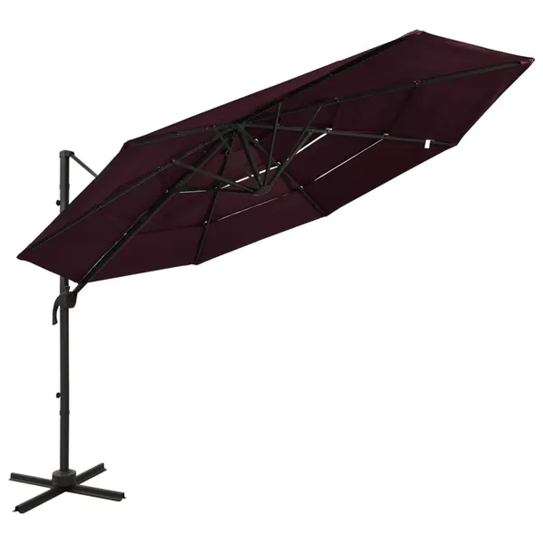 Parasol de jardin à 4 niveaux mât en aluminium rouge bordeaux
