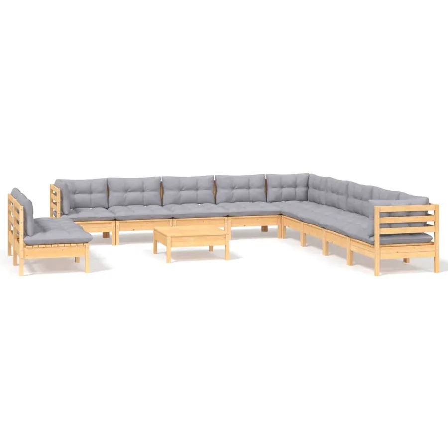 Salon de jardin 12 pcs avec coussins gris Bois de pin massif - 2