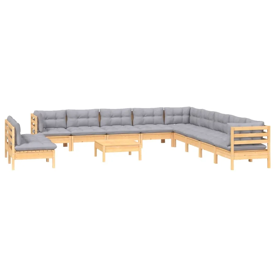 Salon de jardin 12 pcs avec coussins gris Bois de pin massif - 3