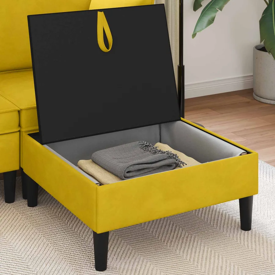Pouf avec Rangement Jaune Velours - 3